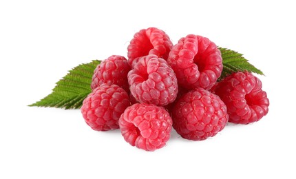 Many fresh ripe raspberries and green leaves isolated on white