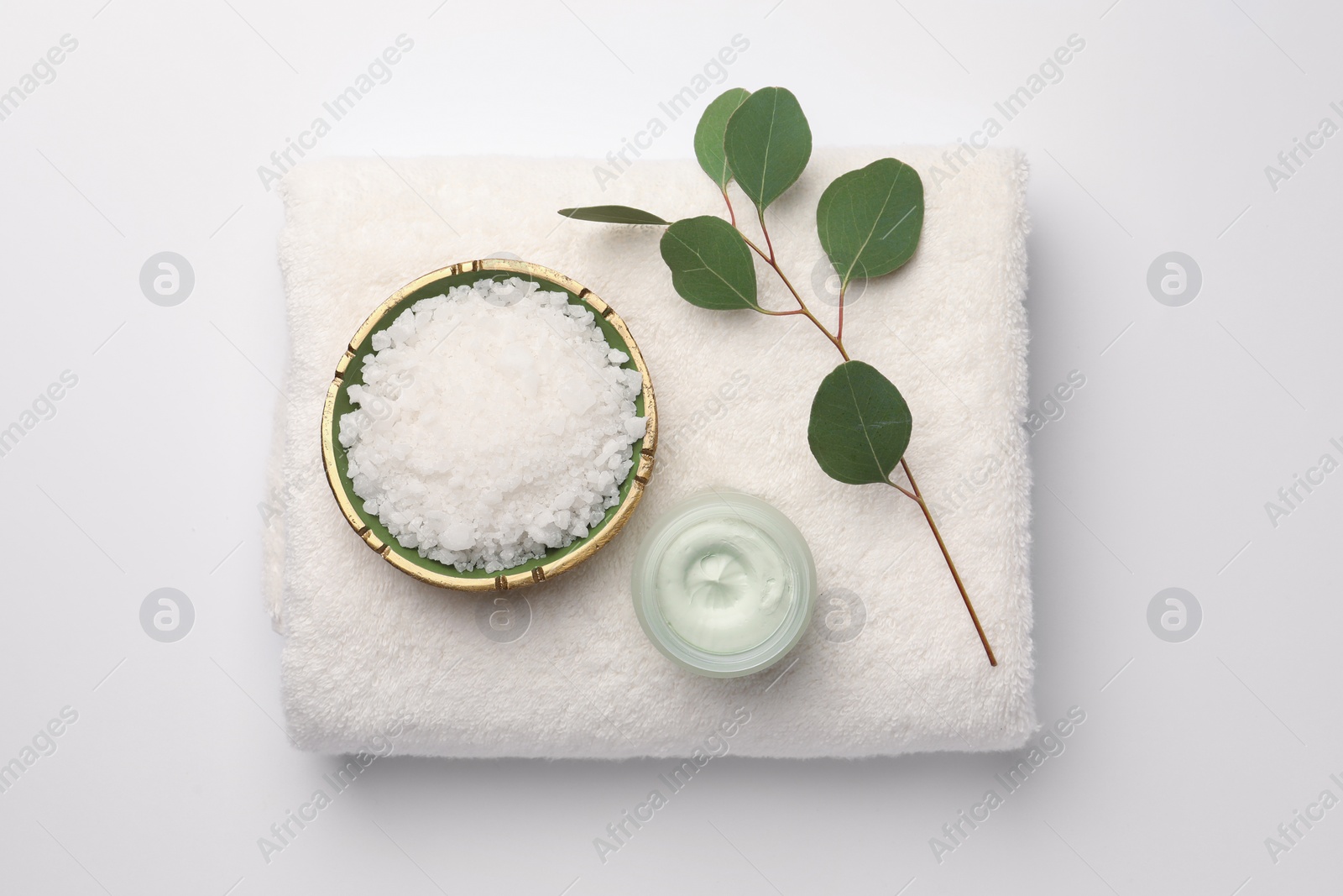 Photo of Beautiful composition with different spa products on white background, top view