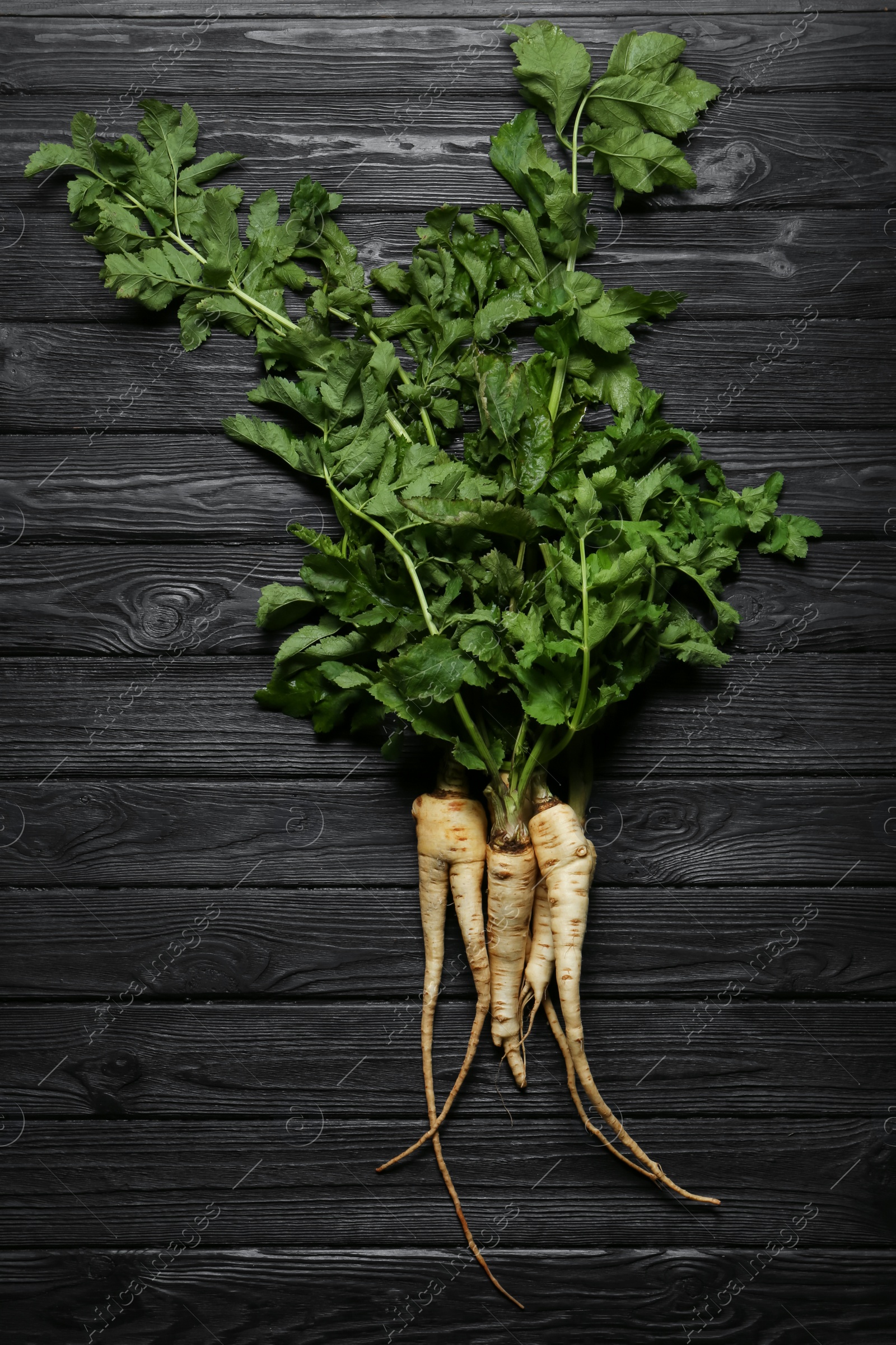 Photo of Tasty fresh ripe parsnips on black wooden table, flat lay