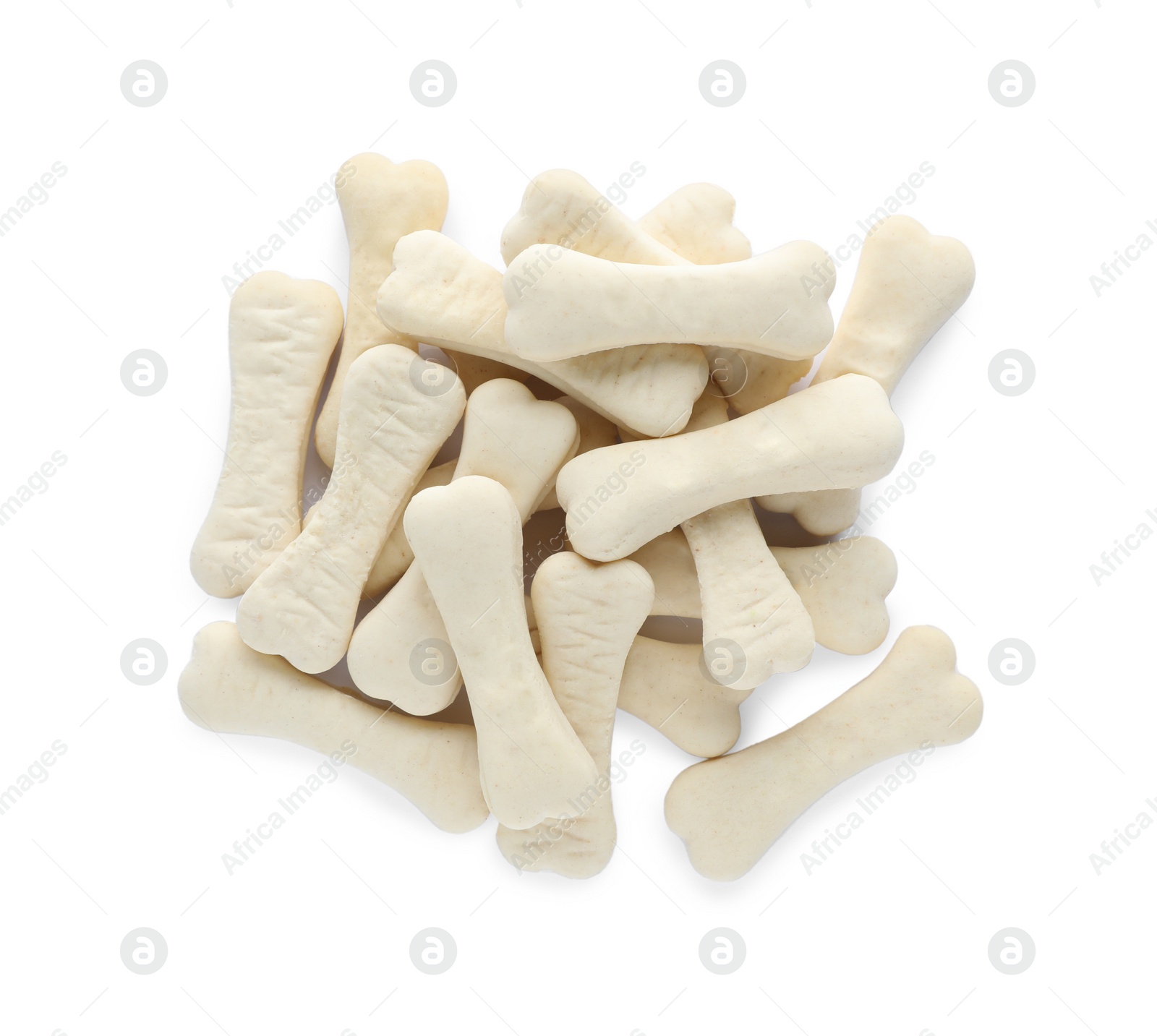 Photo of Bone shaped dog cookies on white background, top view