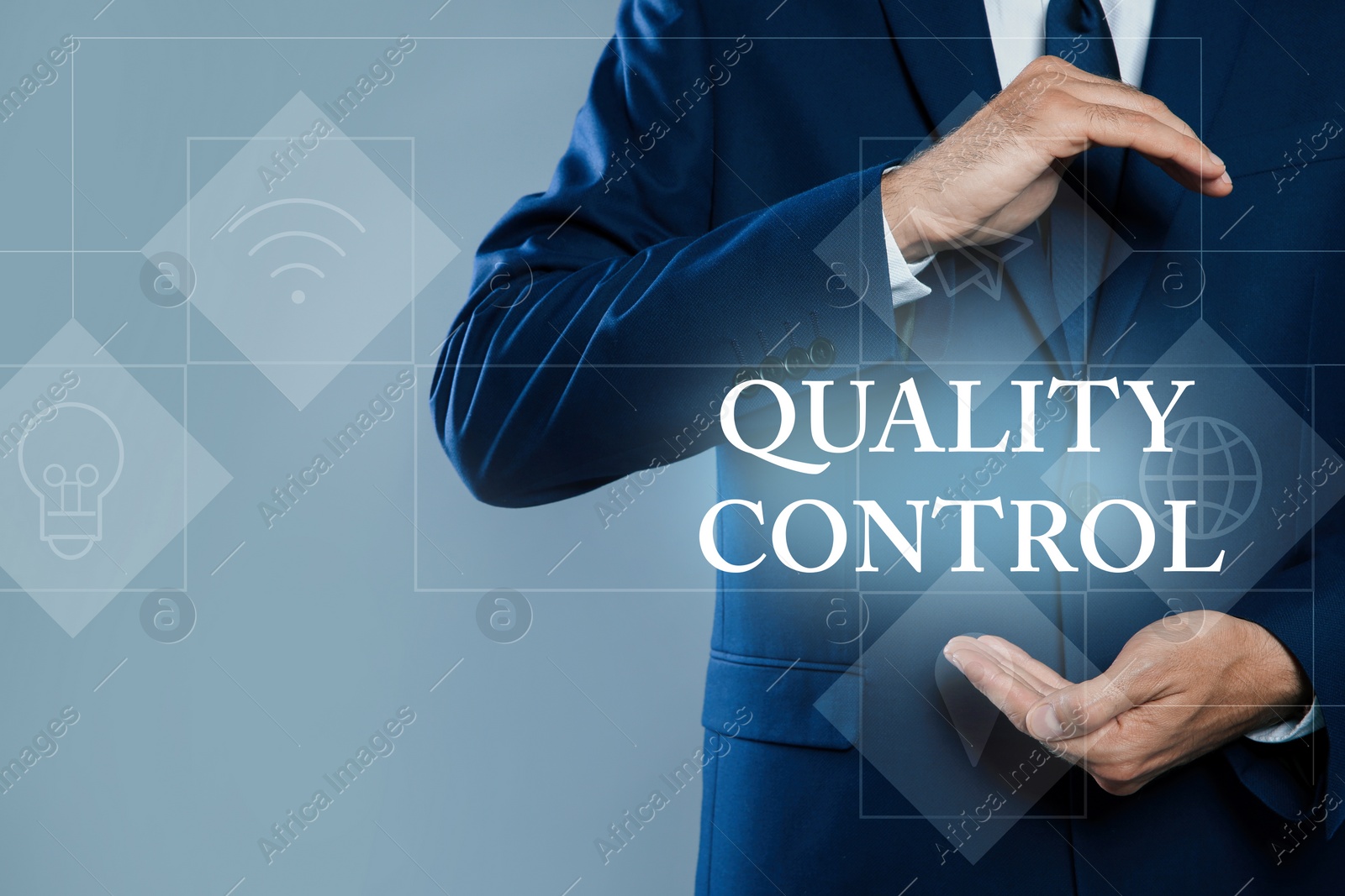 Image of Quality control service. Businessman and icons on grey background