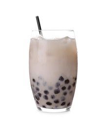 Photo of Bubble milk tea with tapioca balls in glass isolated on white