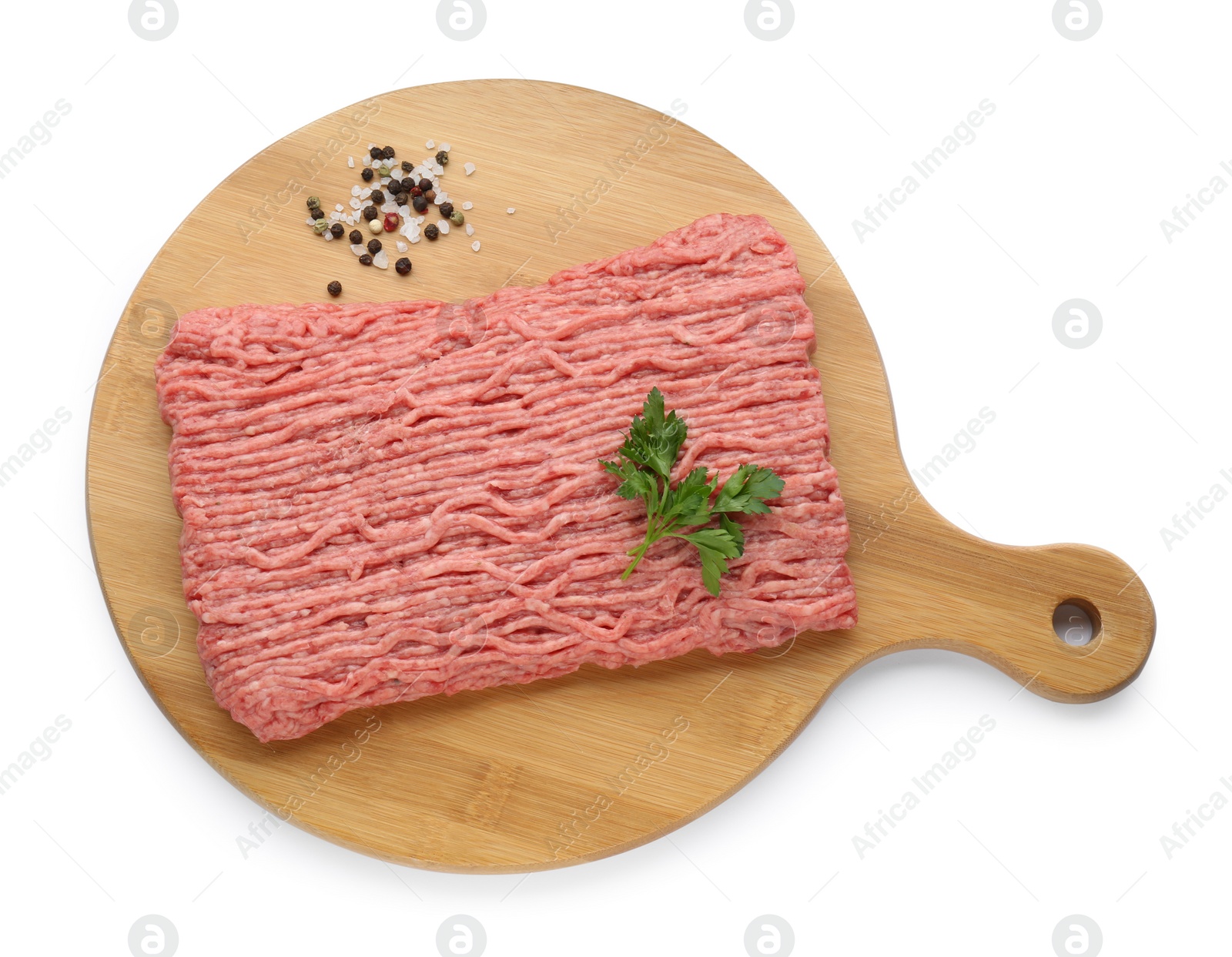 Photo of Raw fresh minced meat with parsley isolated on white, top view