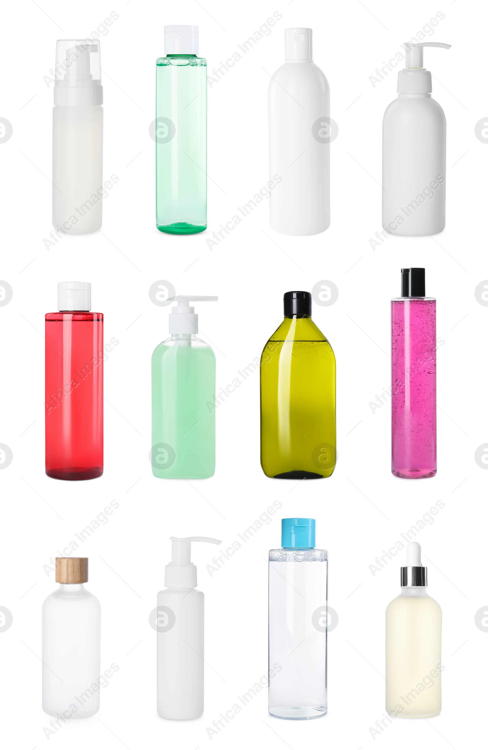 Image of Set of different face cleansers or other cosmetic products isolated on white