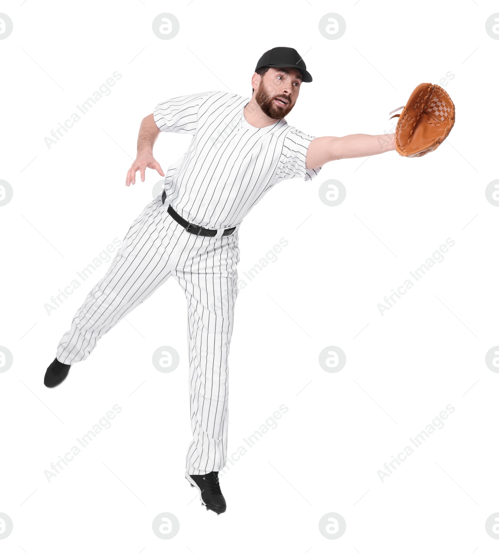 Photo of Baseball player with leather glove on white background