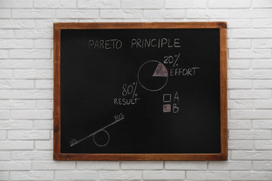Photo of Blackboard with chart and 80/20 rule representation on white brick wall. Pareto principle concept