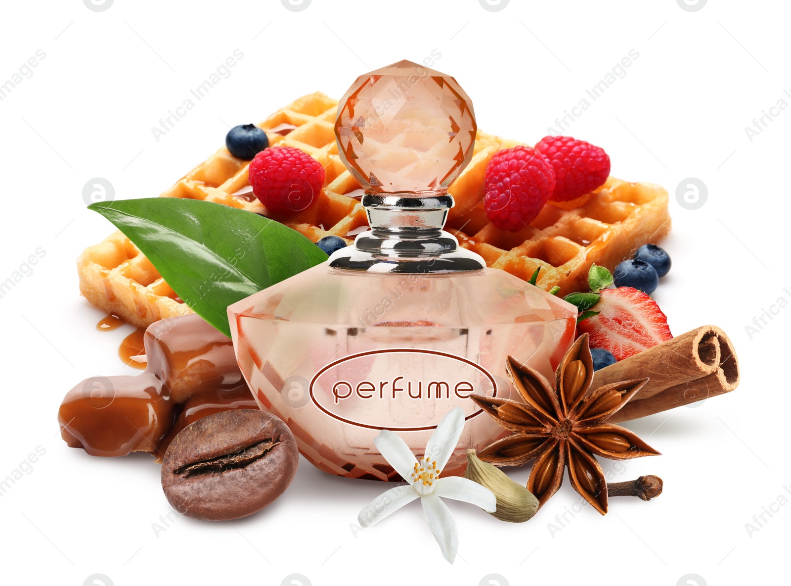 Image of Bottle of perfume and different spices on white background