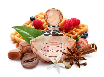 Image of Bottle of perfume and different spices on white background