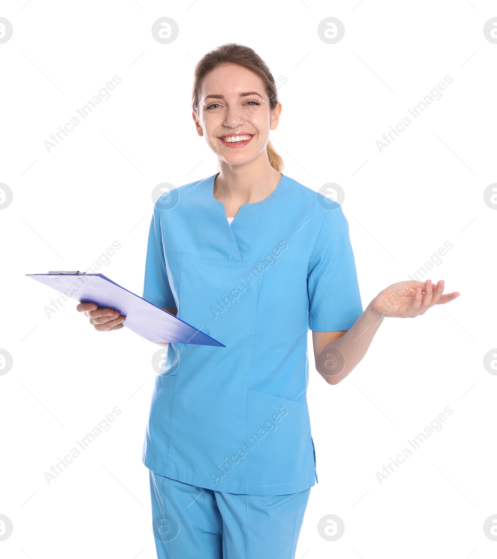 Photo of Portrait of medical doctor with clipboard isolated on white