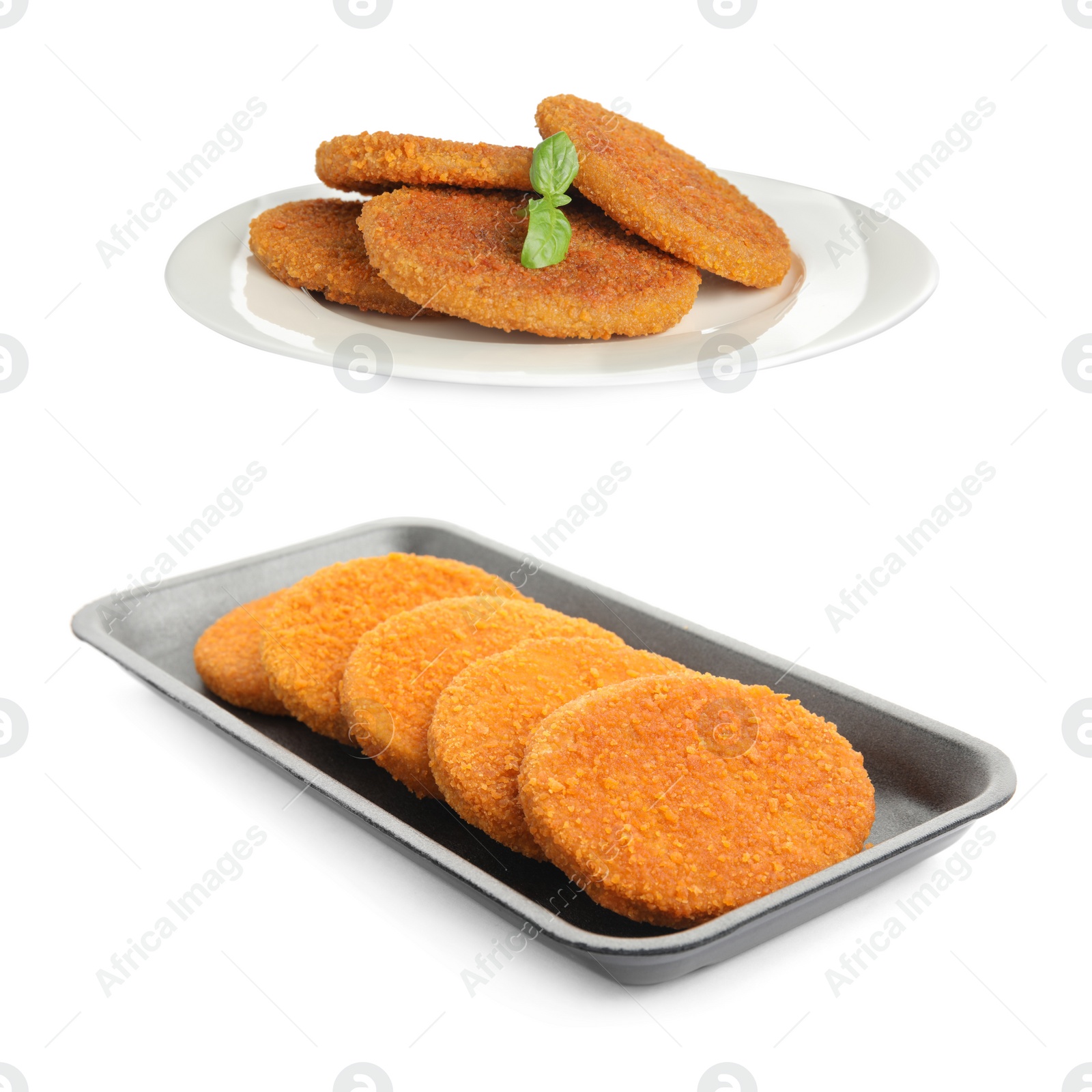 Image of Tasty breaded cutlets on white background, collage