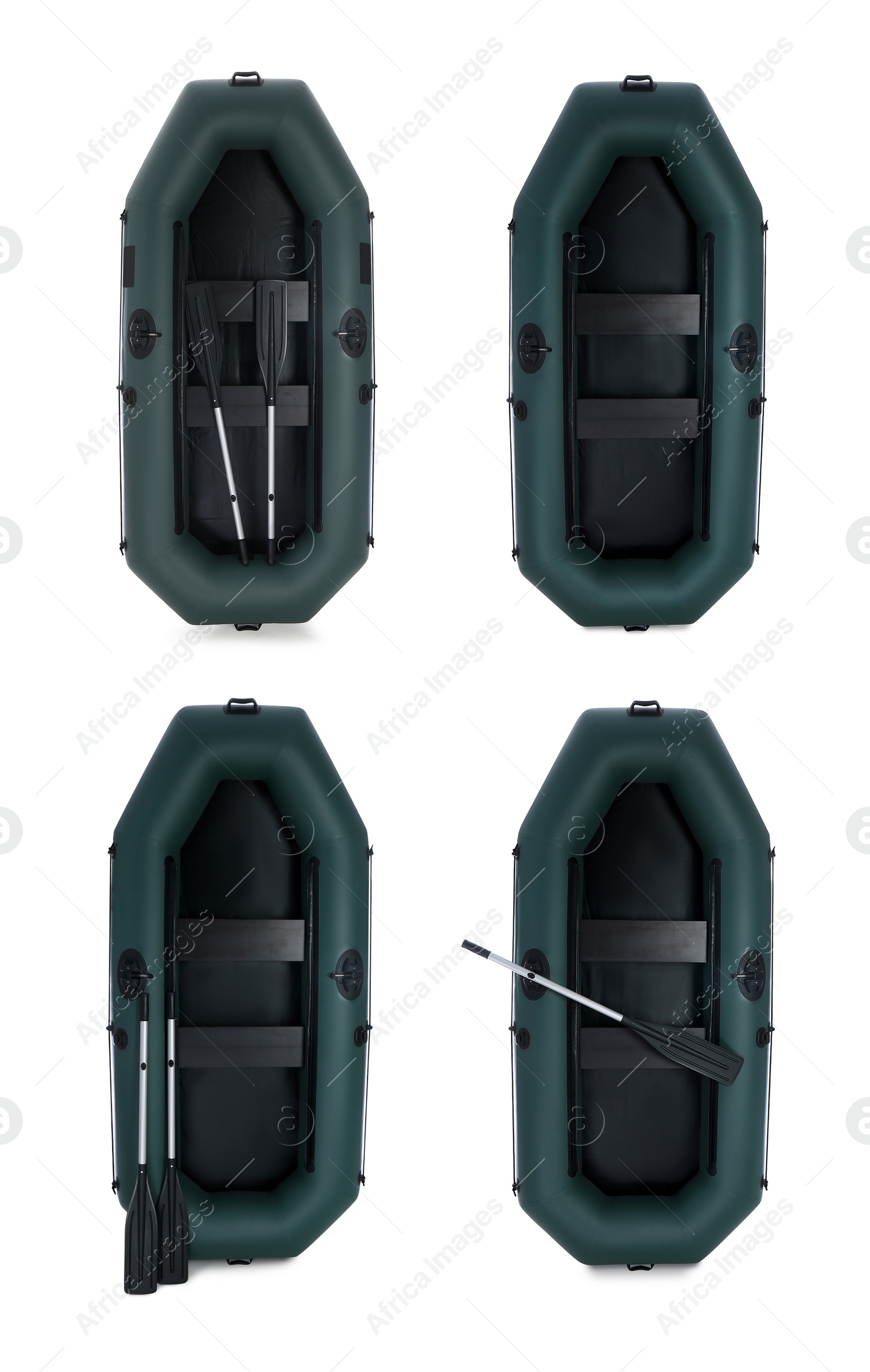 Image of Set with inflatable rubber fishing boats on white background, top view