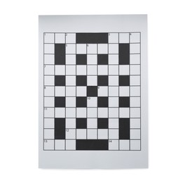Blank crossword isolated on white, top view. Intellectual entertainment