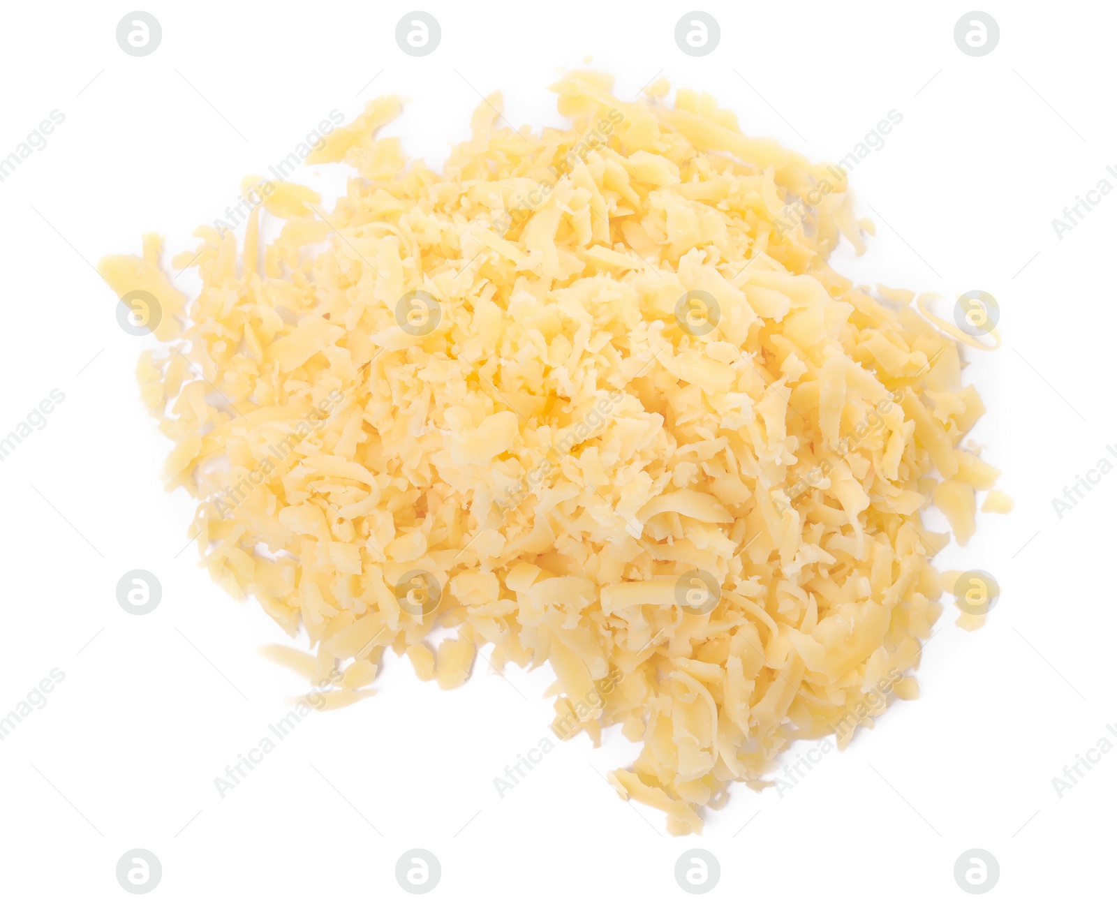 Photo of Pile of tasty grated cheese isolated on white, top view