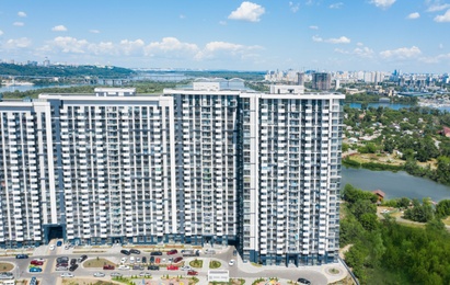 Image of Aerial view of modern buildings in city center