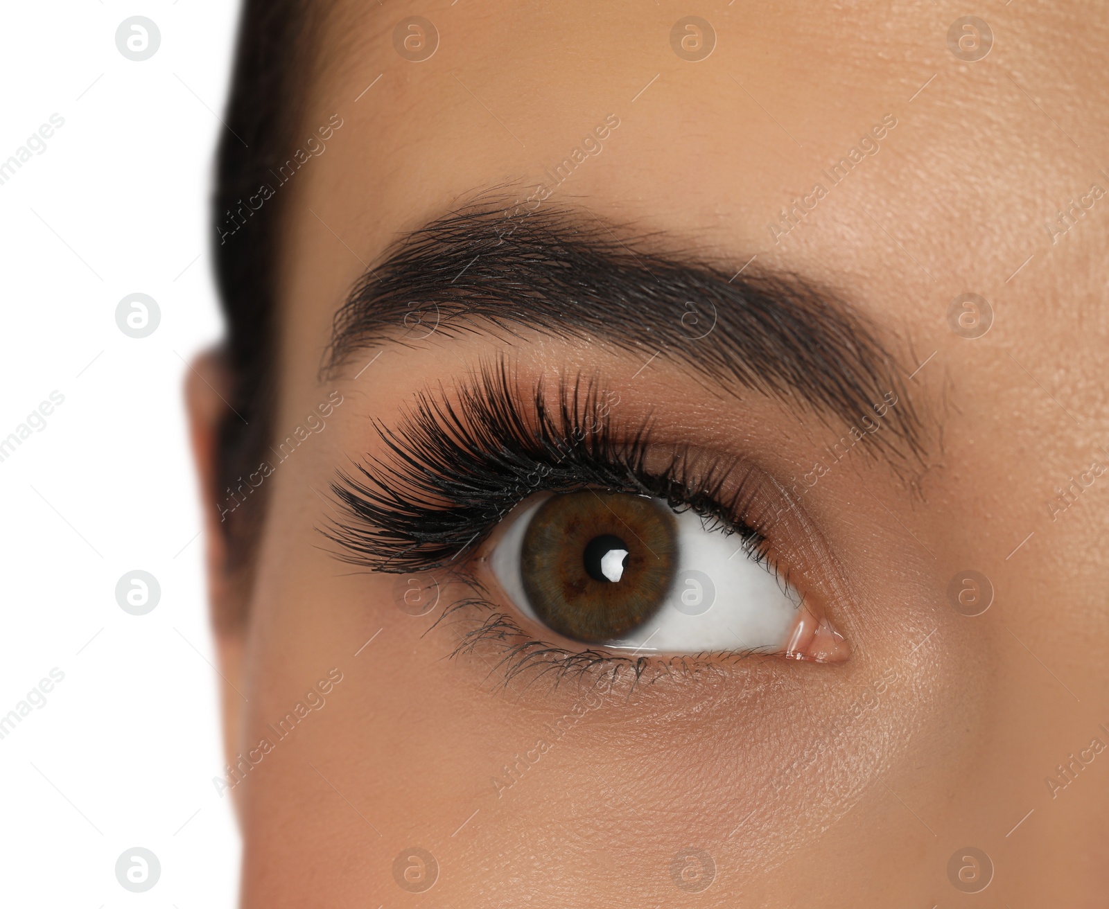 Photo of Beautiful young woman with long eyelashes on white background, closeup