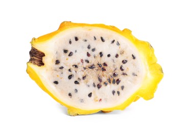 Photo of Half of delicious yellow dragon fruit isolated on white
