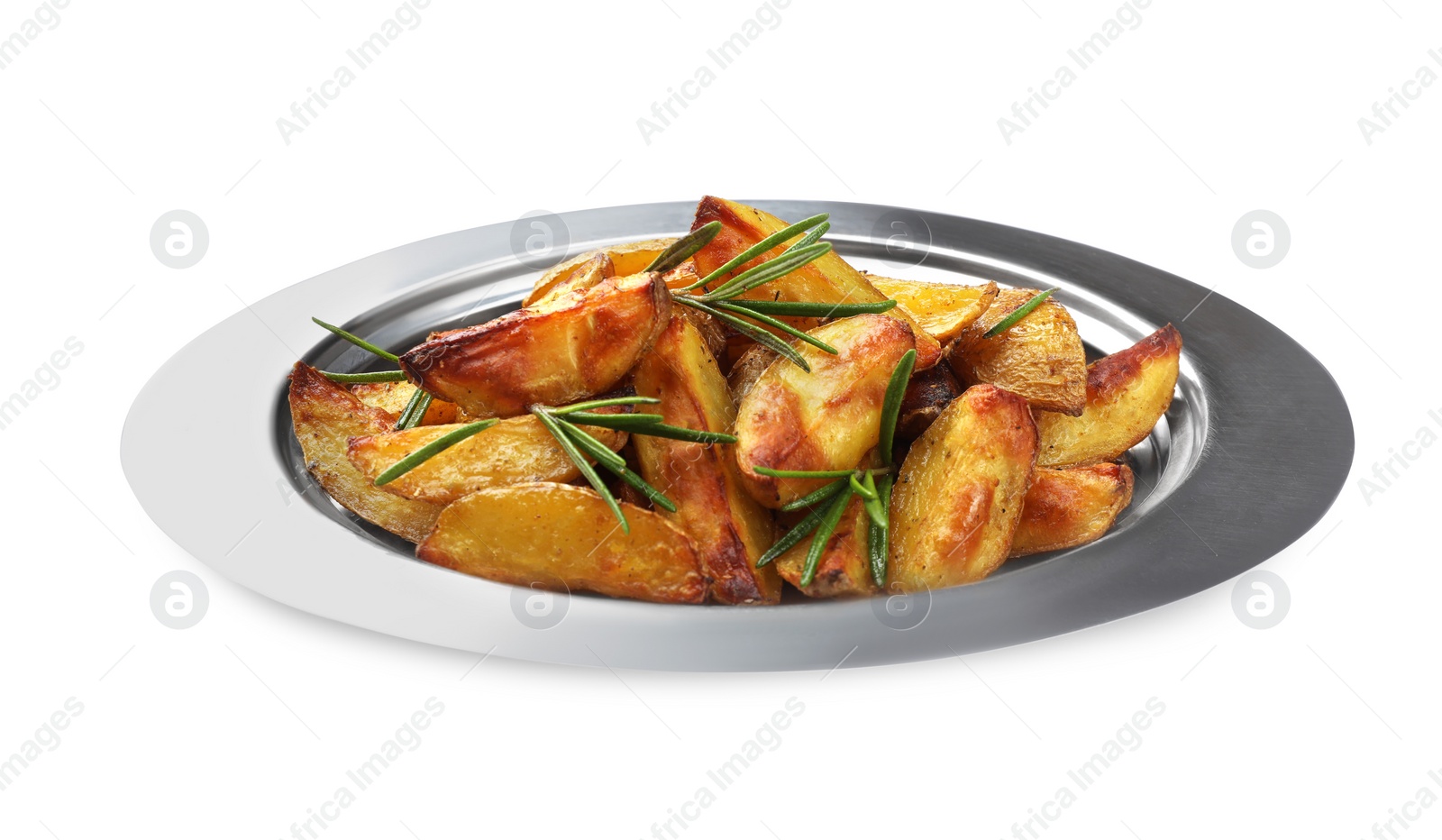 Photo of Plate with tasty baked potato and aromatic rosemary on white background