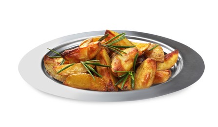 Plate with tasty baked potato and aromatic rosemary on white background