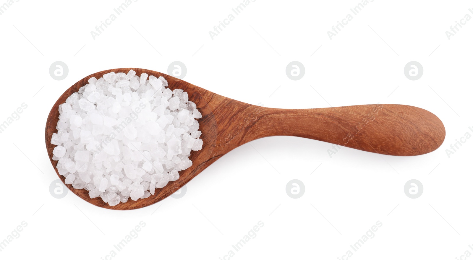 Photo of Wooden spoon with natural sea salt isolated on white, top view