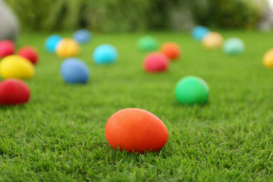 Colorful Easter eggs on green grass outdoors