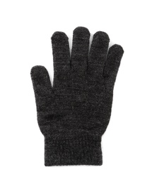 Photo of Grey woolen glove on white background, top view. Winter clothes