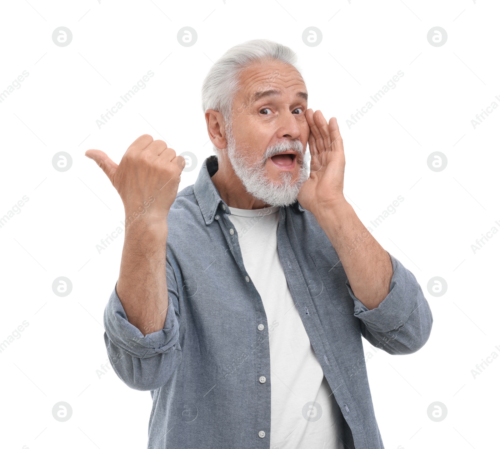 Photo of Special promotion. Senior man pointing at something on white background