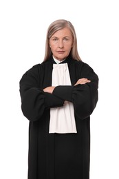 Beautiful senior judge with crossed arms on white background