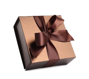 Photo of Beautiful brown gift box with ribbon and bow on white background