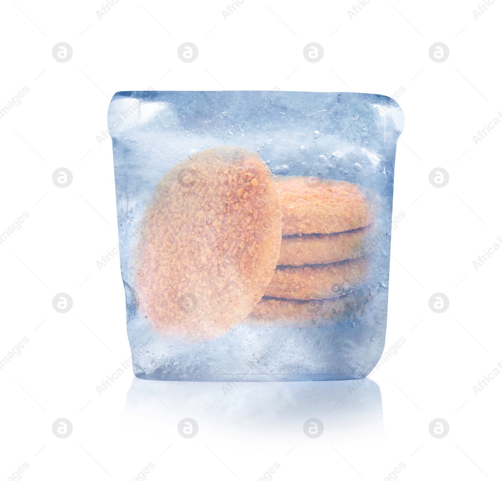 Image of Frozen food. Uncooked cutlets in ice cube isolated on white