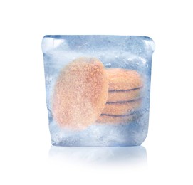 Frozen food. Uncooked cutlets in ice cube isolated on white