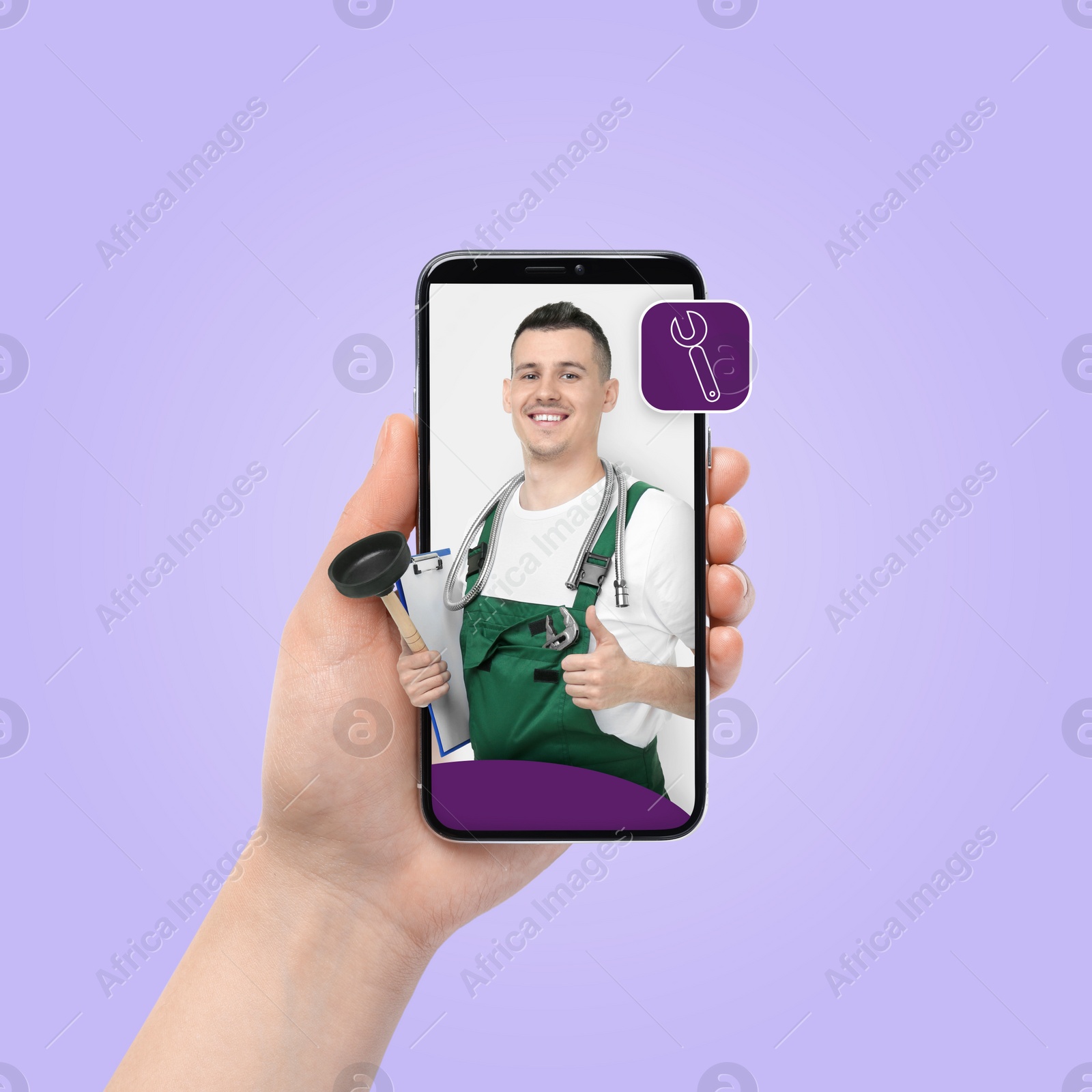 Image of Find plumber. Woman using mobile phone on light violet background, closeup. Specialist looking out of gadget