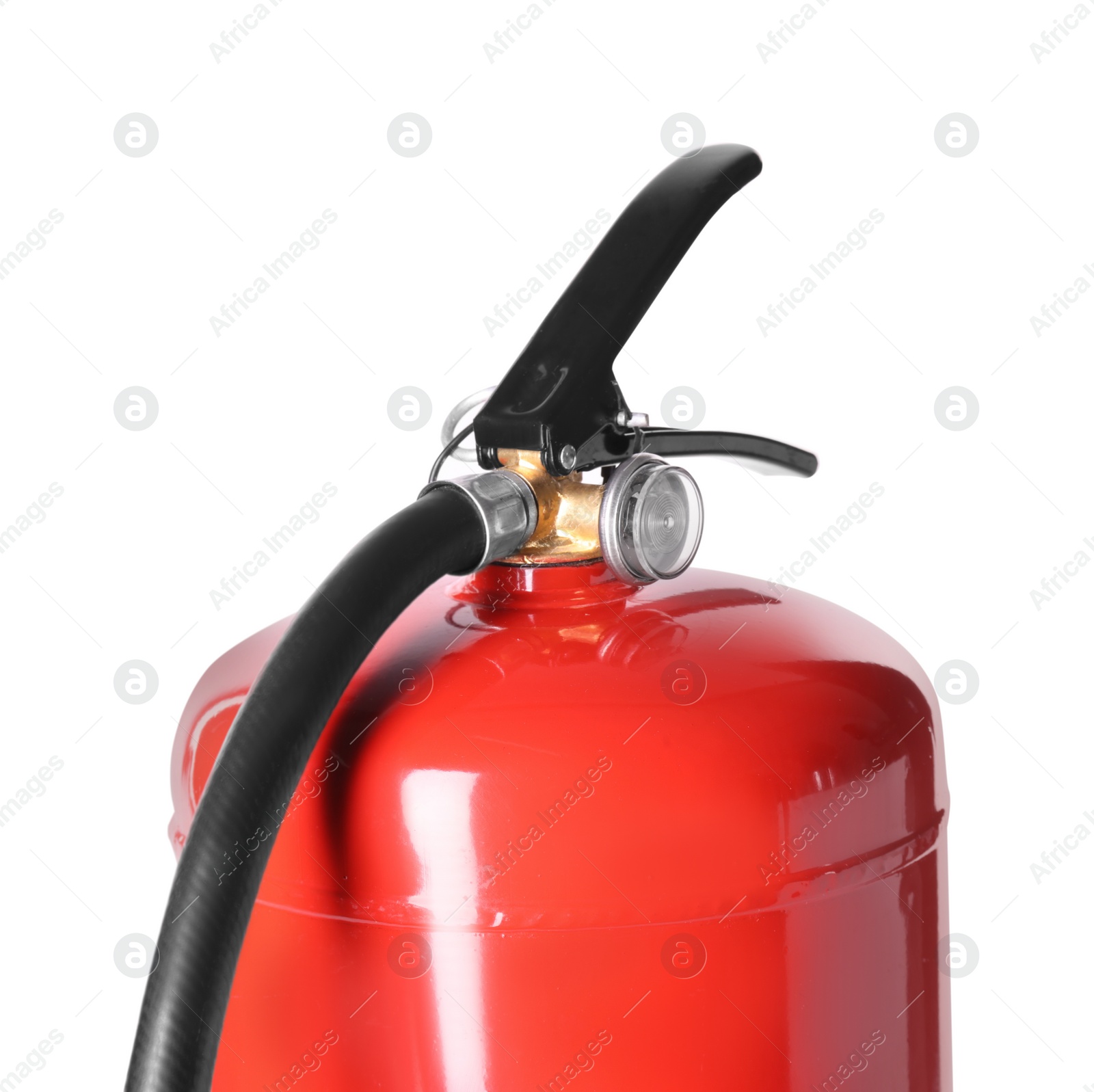 Photo of One red fire extinguisher on white background