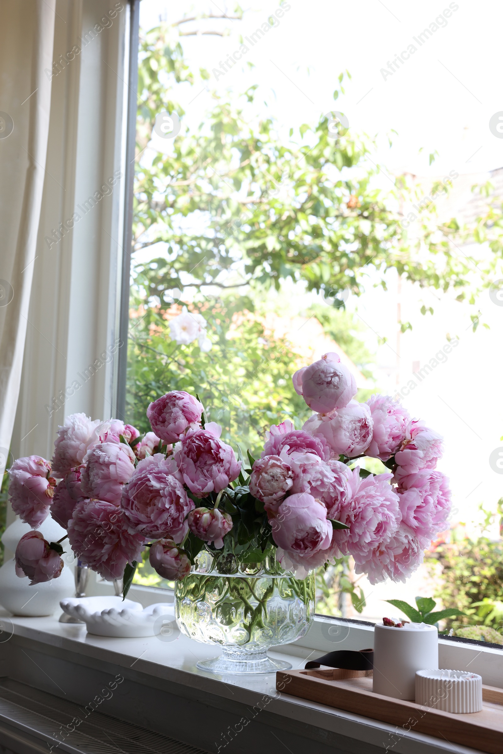 Photo of Beautiful pink peonies in vase on window sill, space for text. Interior design