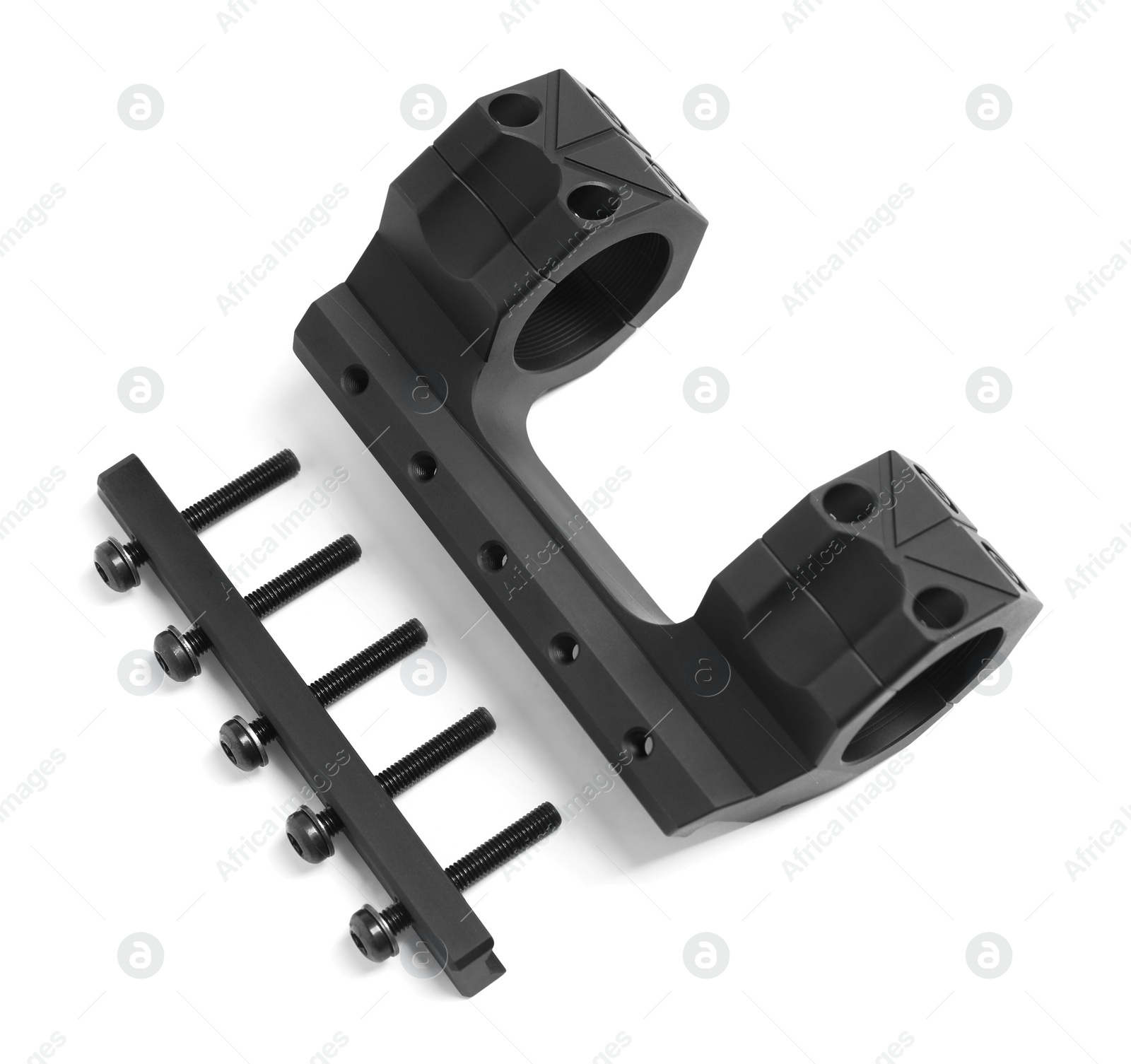 Photo of Disassembled quick disconnect sniper cantilever scope mount on white background, above view