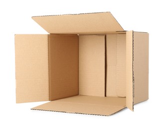 Photo of Empty open cardboard box isolated on white