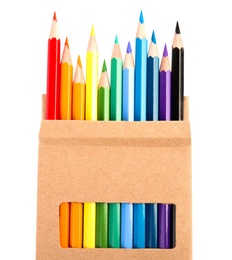 Box of color pencils on white background, top view