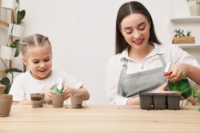 Photo of Mother with her daughter spraying water onto vegetable seeds in pots at wooden table indoors