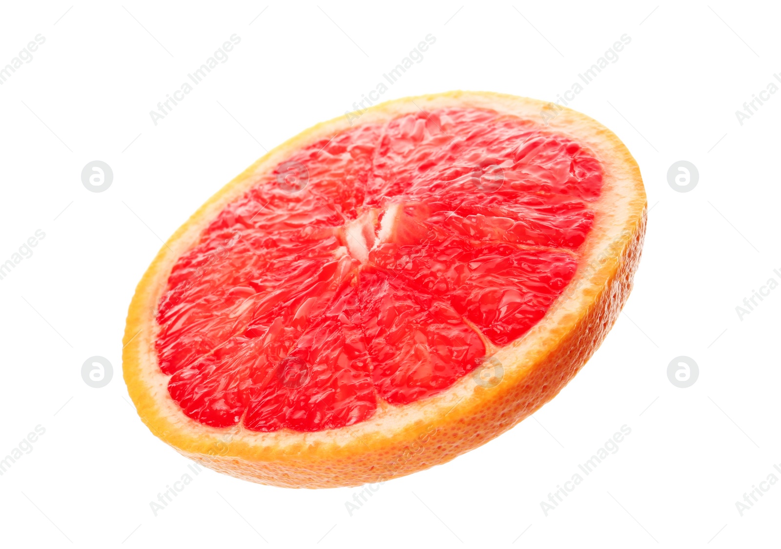 Photo of Slice of ripe juicy grapefruit on white background