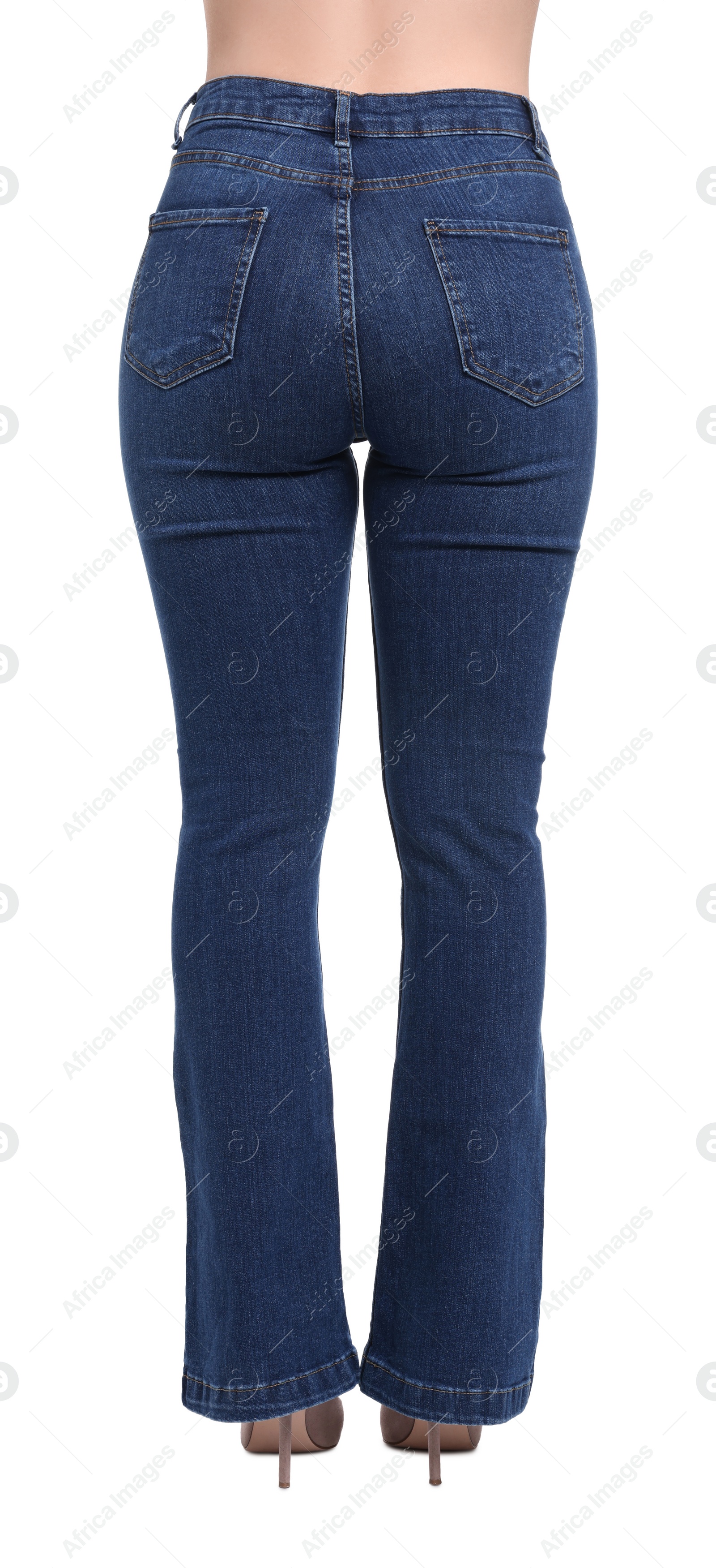 Photo of Woman in stylish jeans on white background, closeup