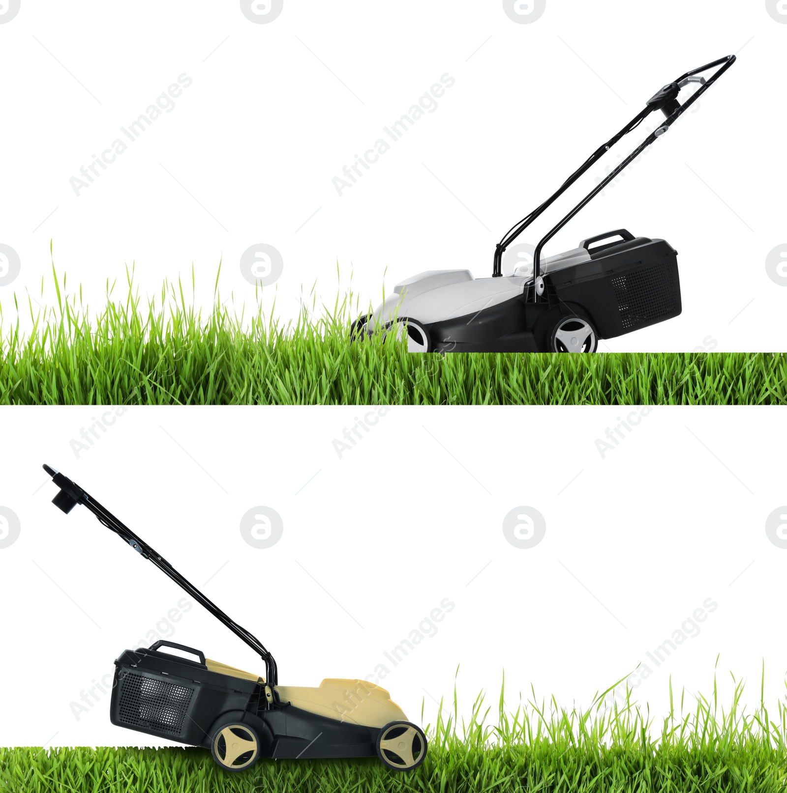 Image of Modern garden lawn mowers cutting green grass, white background