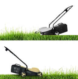 Image of Modern garden lawn mowers cutting green grass, white background