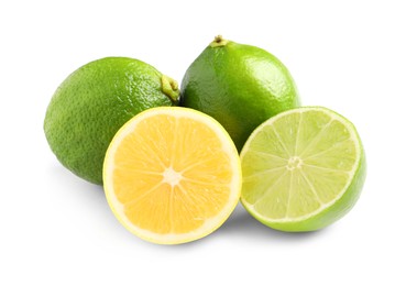 Photo of Fresh ripe lemon and limes on white background