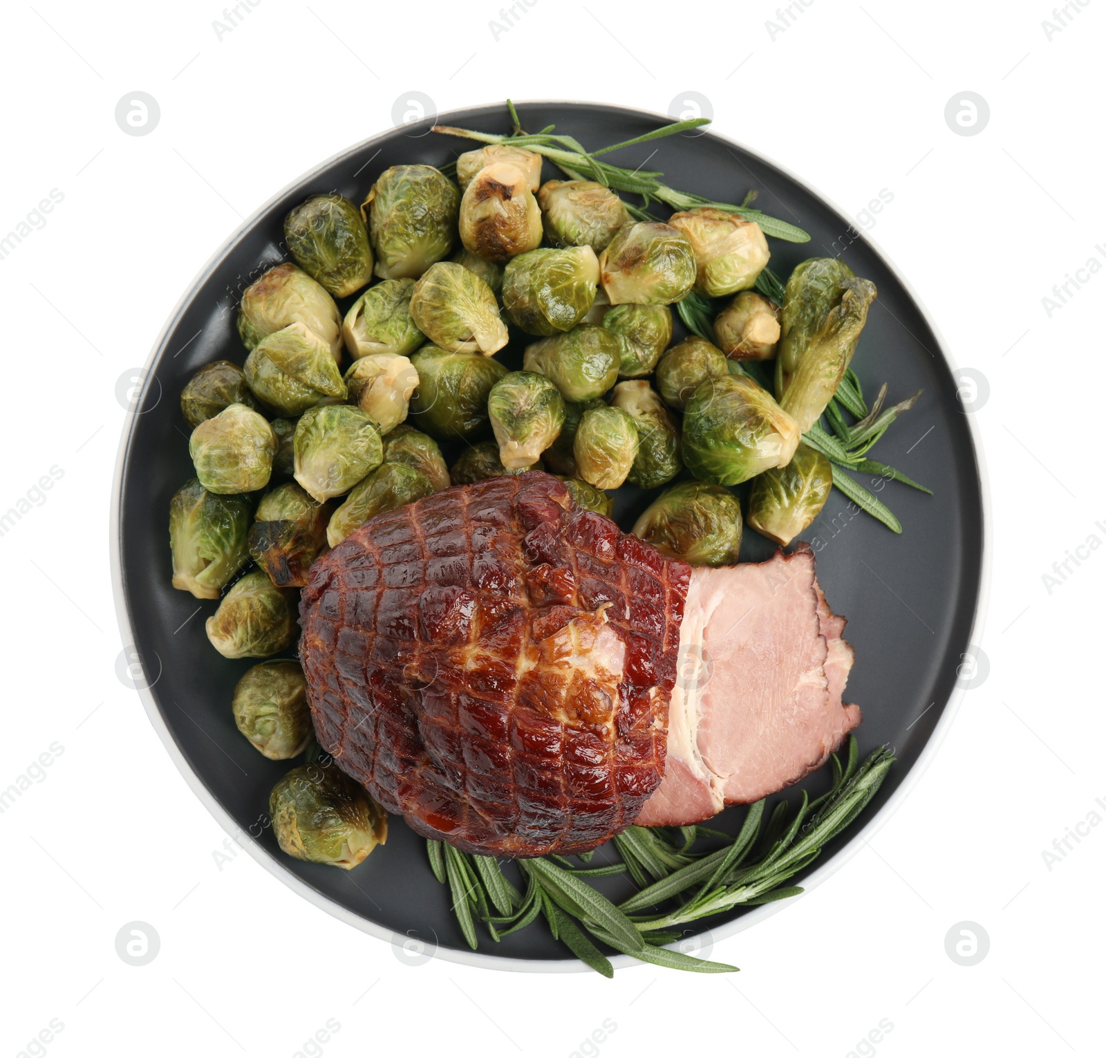 Photo of Delicious ham with brussels sprouts and rosemary isolated on white, top view