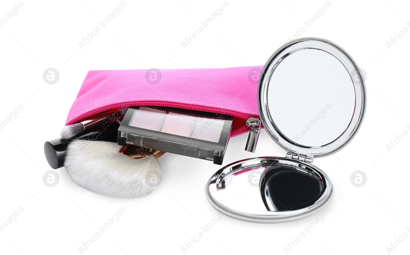 Photo of Stylish pocket mirror and cosmetic bag with makeup products on white background