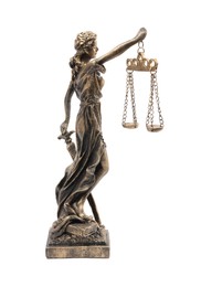 Photo of Statue of Lady Justice isolated on white, side view. Symbol of fair treatment under law
