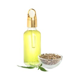Photo of Bottle of hemp oil, leaves and seeds on white background