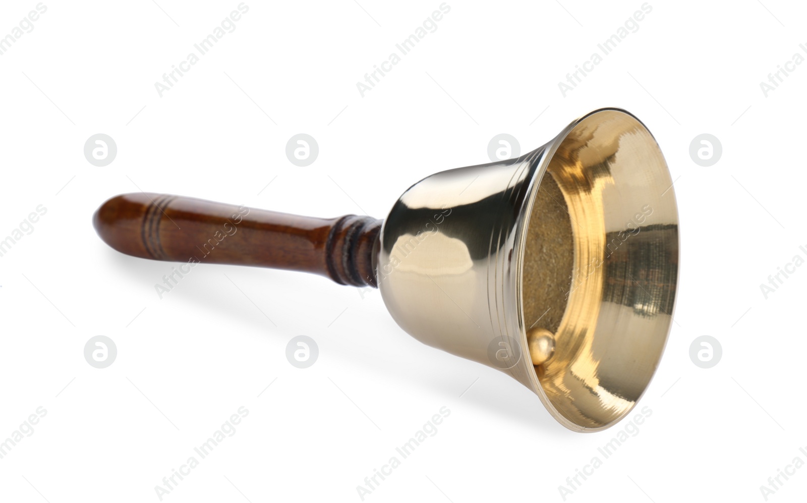 Photo of Golden school bell with wooden handle isolated on white