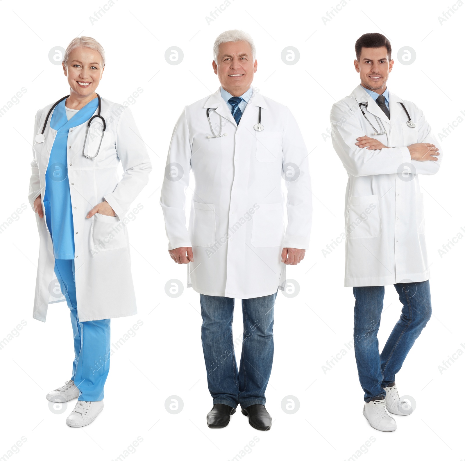 Image of Collage of people in uniforms on white background. Medical staff