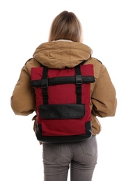 Woman with backpack on white background, back view. Winter travel