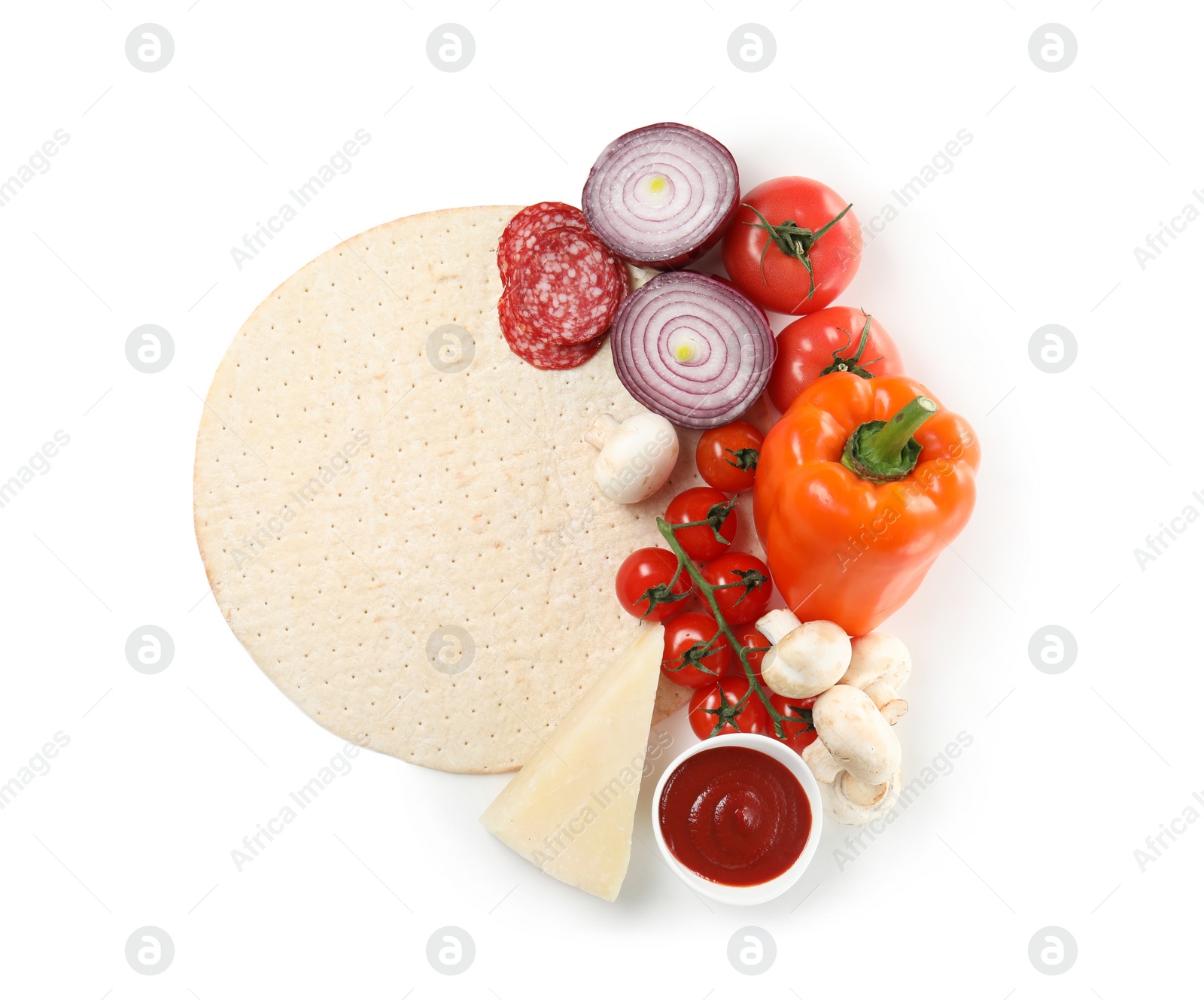 Photo of Composition with pizza crust and fresh ingredients isolated on white, top view